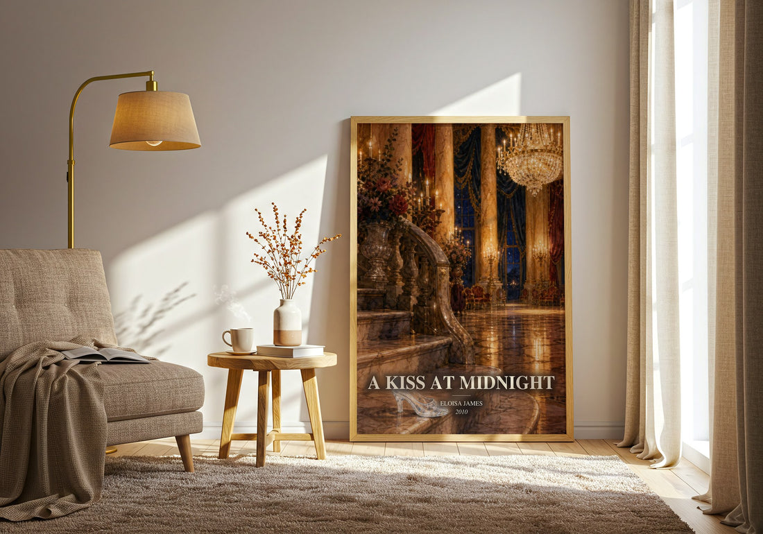 A Kiss at Midnight watercolour print in frame leaning in hallway – romance wall art (mockup)