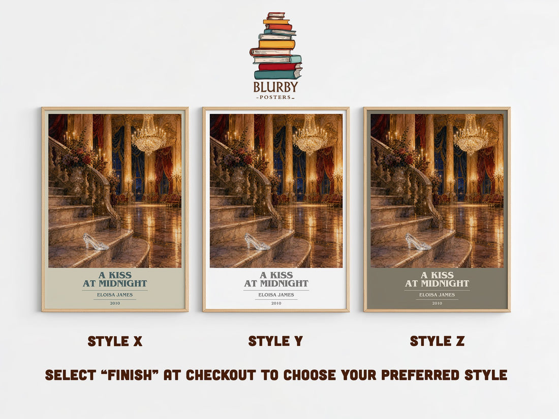 A Kiss at Midnight book cover print in frame leaning in hallway – romance wall art (mockup)