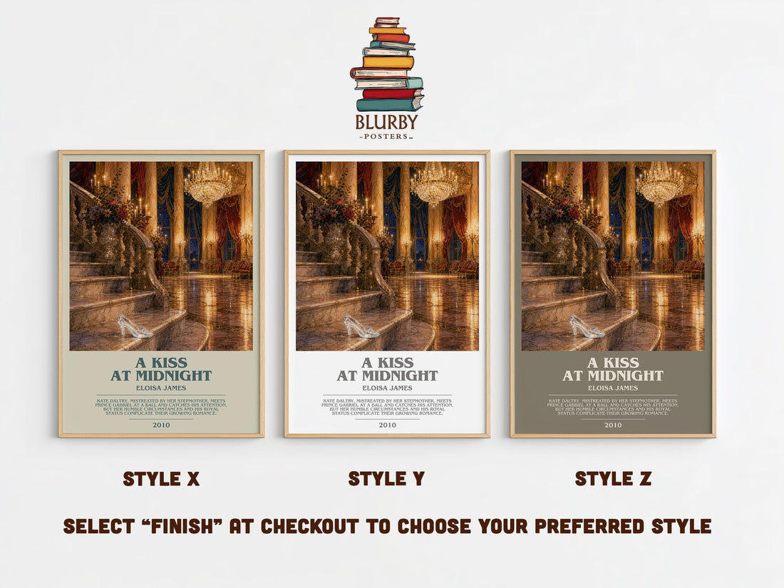 A Kiss at Midnight bookish print in frame leaning in hallway – romance wall art (mockup)