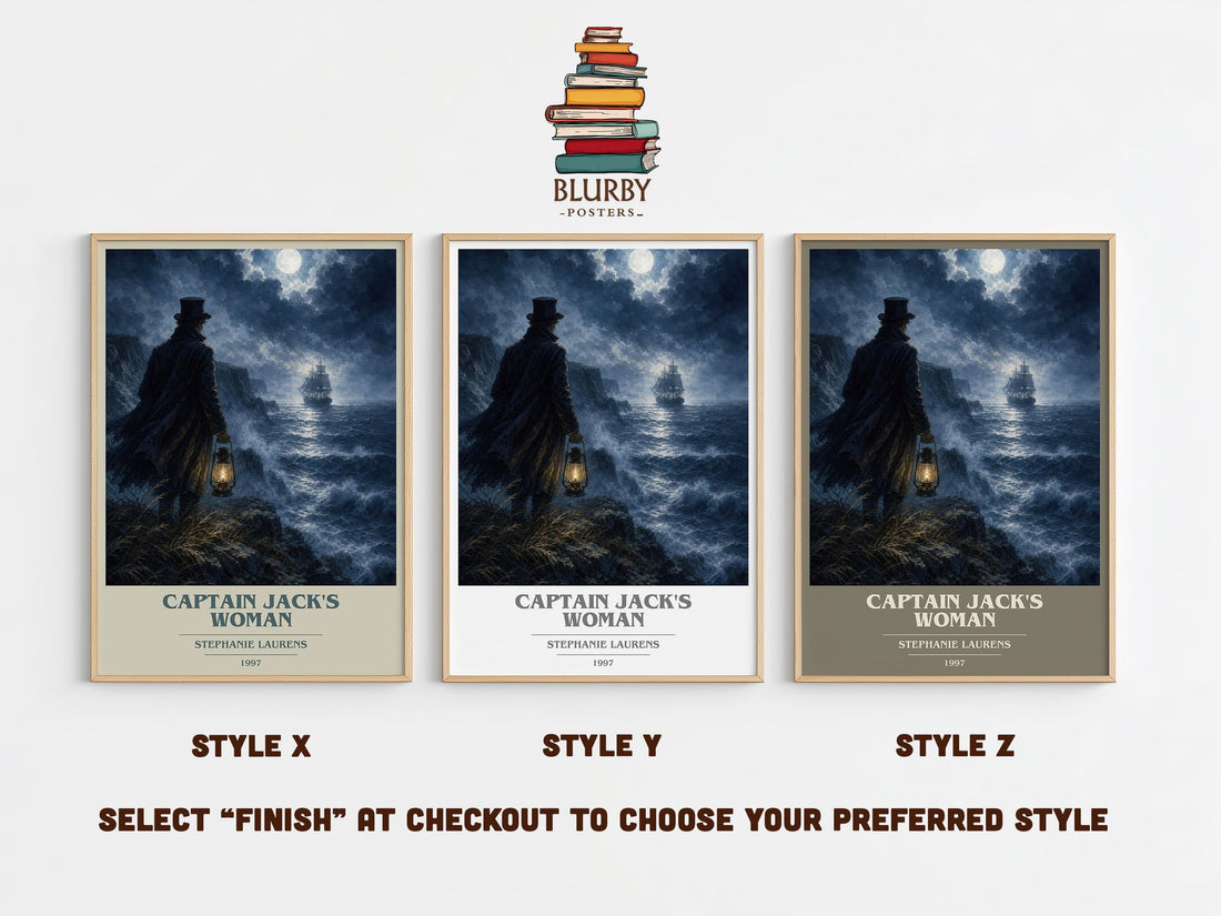 Captain Jack's Woman book cover print in frame leaning in hallway – romance wall art (mockup)