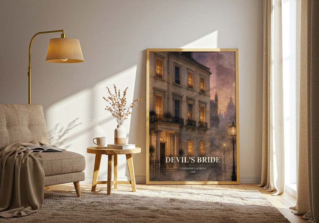 Devil's Bride watercolour print in frame leaning in hallway – romance wall art (mockup)