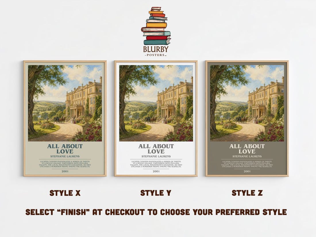 All About Love bookish print in frame leaning in hallway – romance wall art (mockup)