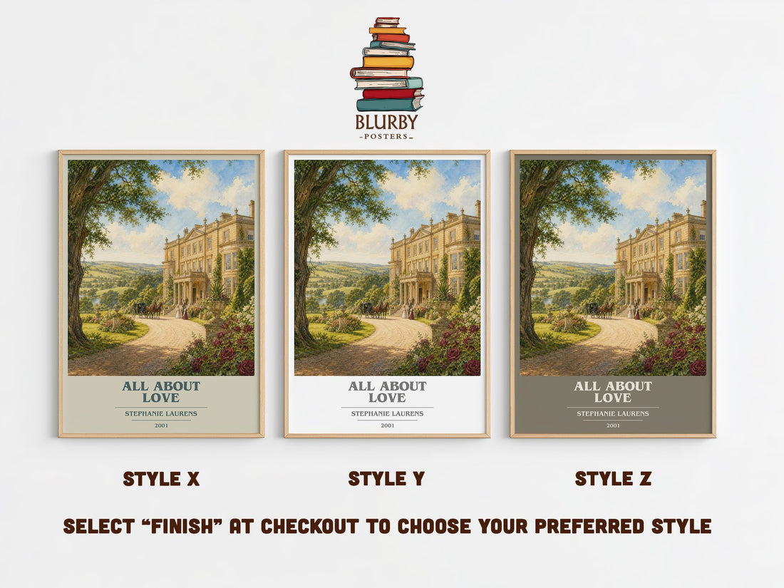 All About Love book cover print in frame leaning in hallway – romance wall art (mockup)