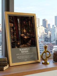 Slightly Shady Bookish Wall Art by Jayne Ann Krentz (Amanda Quick) – framed print on a city-view windowsill