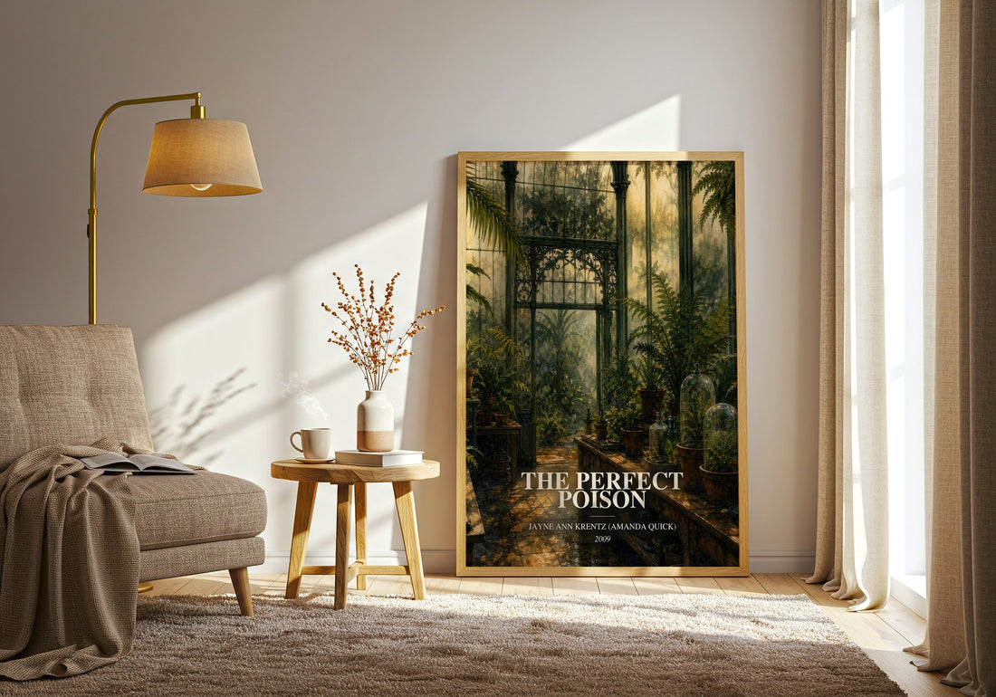 The Perfect Poison watercolour print in frame leaning in hallway – romance wall art (mockup)