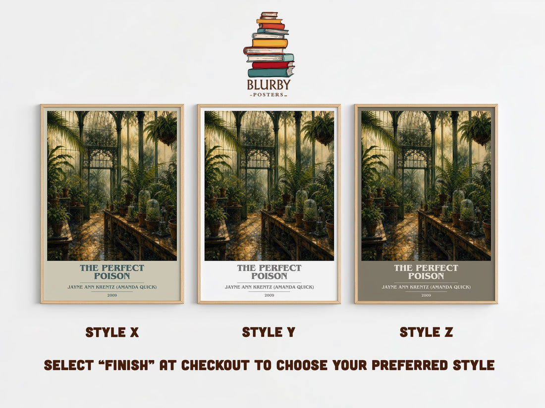 The Perfect Poison book cover print in frame leaning in hallway – romance wall art (mockup)