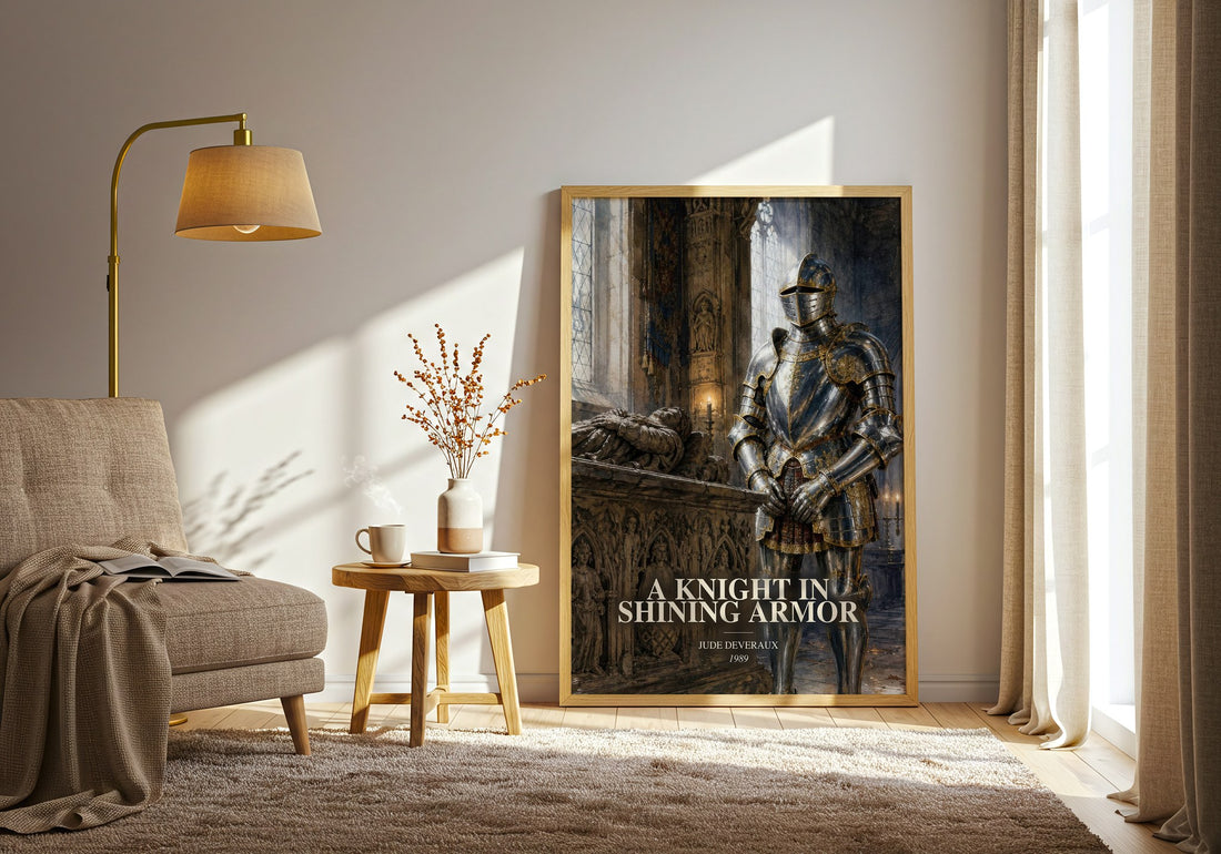 A Knight in Shining Armor watercolour print in frame leaning in hallway – romance wall art (mockup)