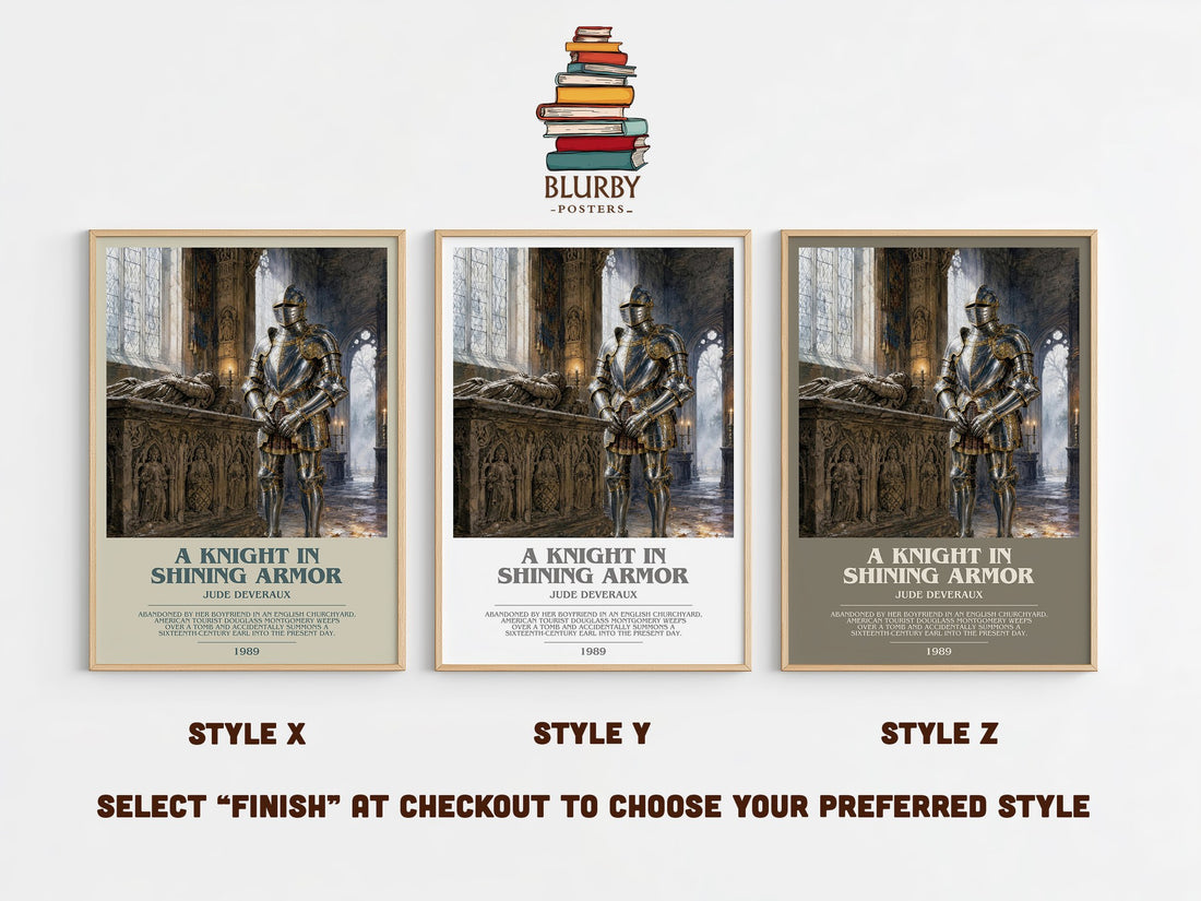 A Knight in Shining Armor bookish print in frame leaning in hallway – romance wall art (mockup)
