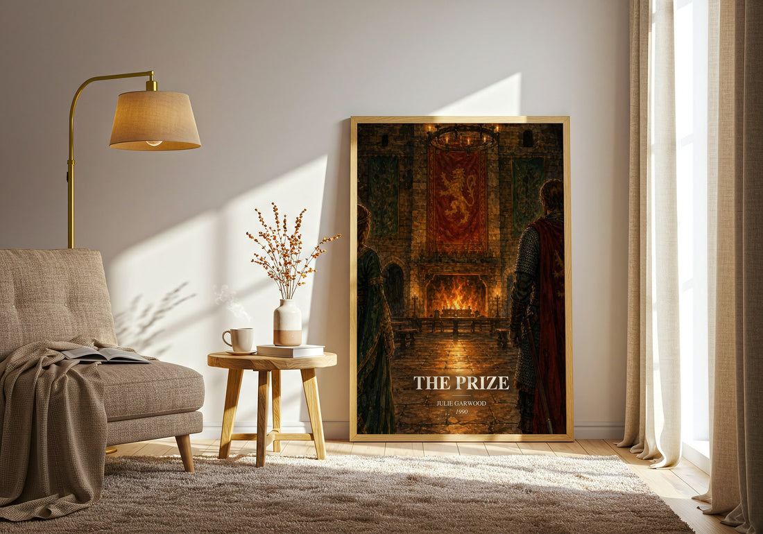 The Prize watercolour print in frame leaning in hallway – romance wall art (mockup)