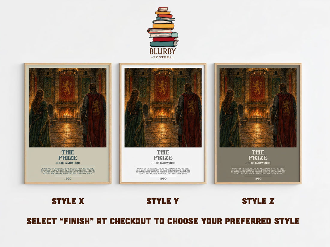 The Prize bookish print in frame leaning in hallway – romance wall art (mockup)