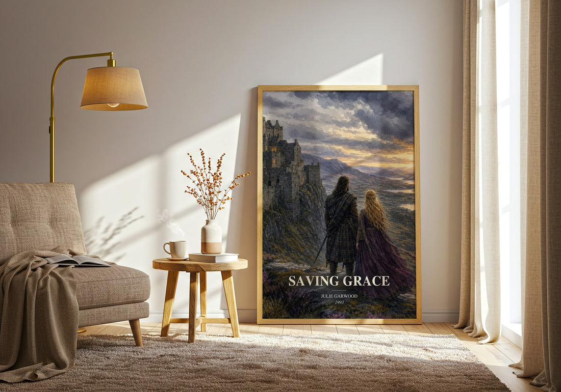 Saving Grace watercolour print in frame leaning in hallway – romance wall art (mockup)