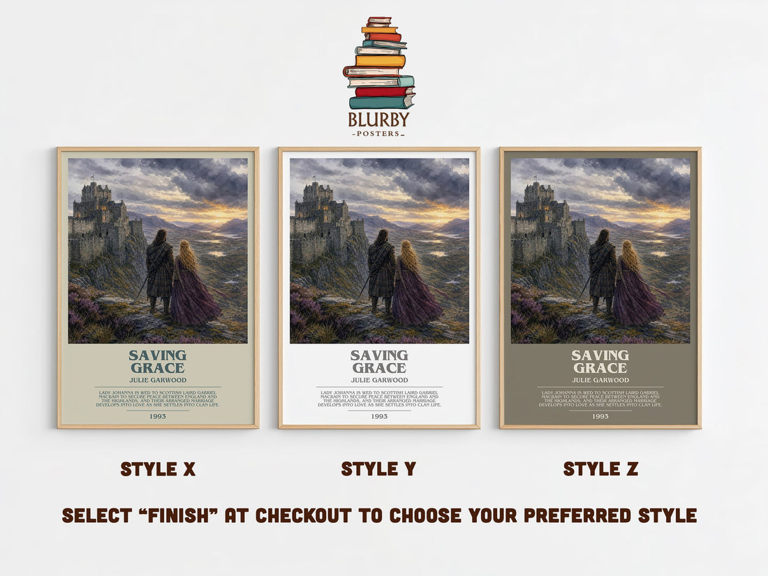 Saving Grace bookish print in frame leaning in hallway – romance wall art (mockup)