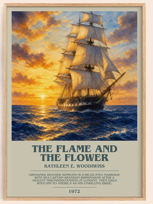 The Flame and the Flower bookish book poster by Kathleen E. Woodiwiss – framed literary art print