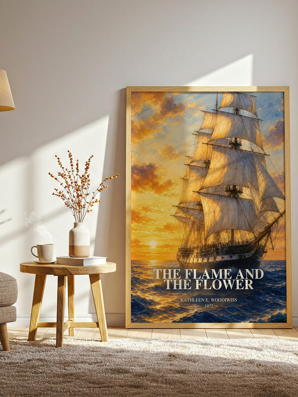 The Flame and the Flower watercolour print in frame leaning in hallway – romance wall art
