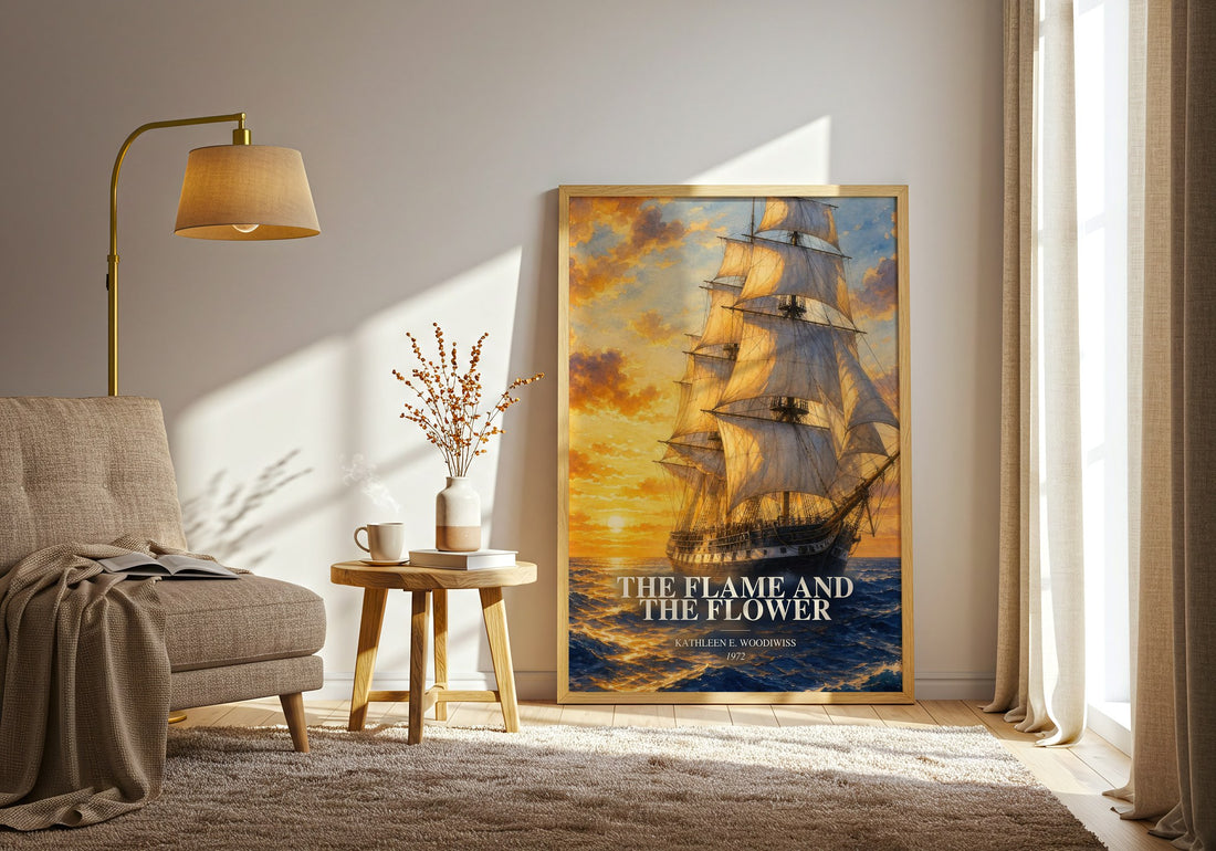 The Flame and the Flower watercolour print in frame leaning in hallway – romance wall art (mockup)