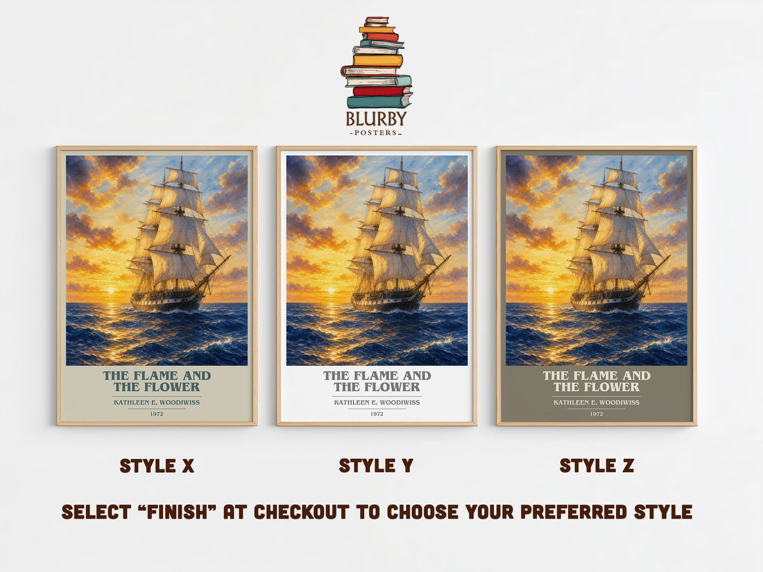 The Flame and the Flower book cover print in frame leaning in hallway – romance wall art (mockup)