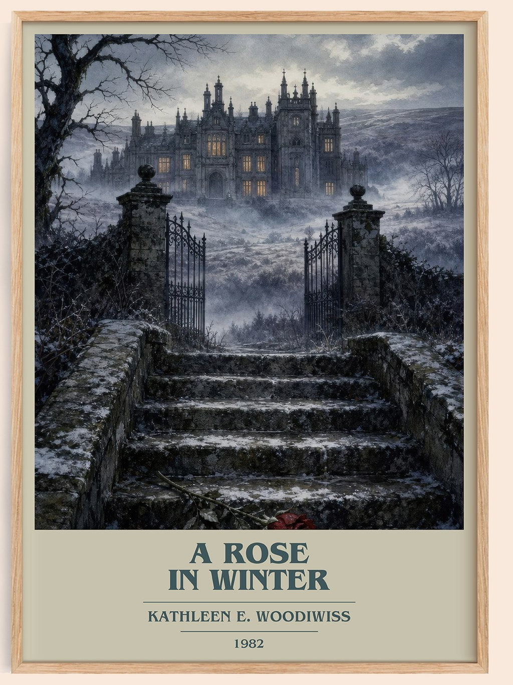 A Rose in Winter book cover book poster by Kathleen E. Woodiwiss – framed literary art print