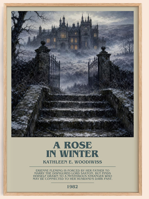 A Rose in Winter bookish book poster by Kathleen E. Woodiwiss – framed literary art print