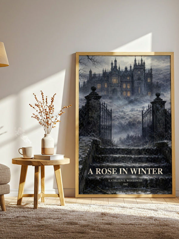A Rose in Winter watercolour print in frame leaning in hallway – romance wall art