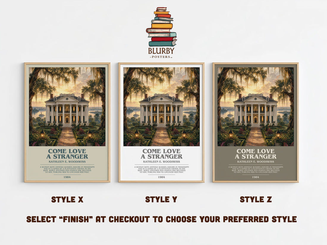 Come Love a Stranger bookish print in frame leaning in hallway – romance wall art (mockup)