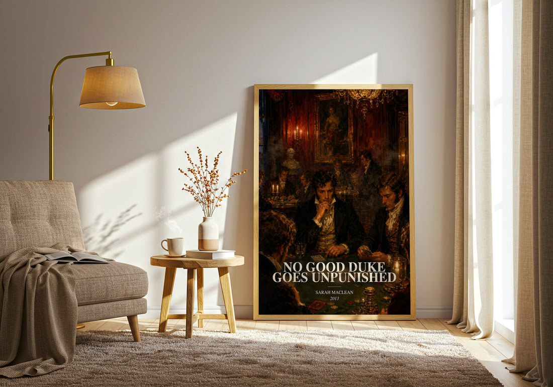 No Good Duke Goes Unpunished watercolour print in frame leaning in hallway – romance wall art (mockup)