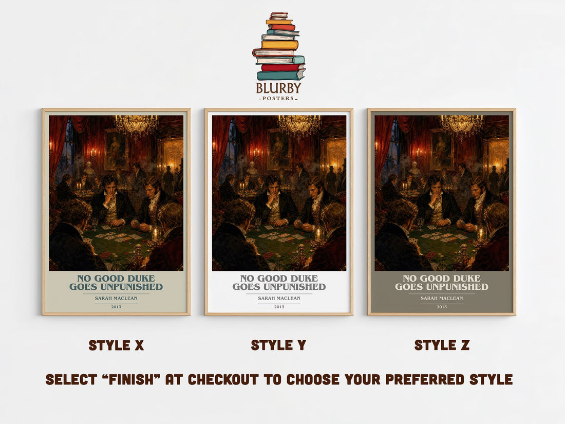 No Good Duke Goes Unpunished book cover print in frame leaning in hallway – romance wall art (mockup)