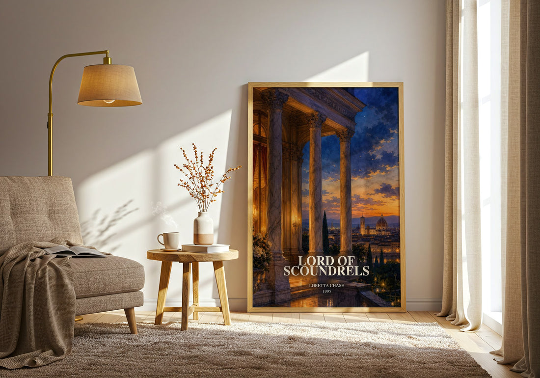 Lord of Scoundrels watercolour print in frame leaning in hallway – romance wall art (mockup)