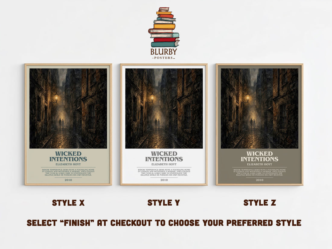 Wicked Intentions bookish print in frame leaning in hallway – romance wall art (mockup)