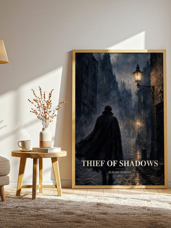 Thief of Shadows watercolour print in frame leaning in hallway – romance wall art