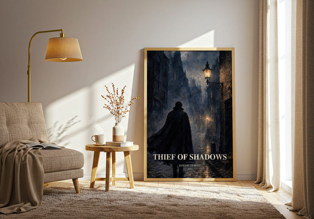 Thief of Shadows watercolour print in frame leaning in hallway – romance wall art (mockup)