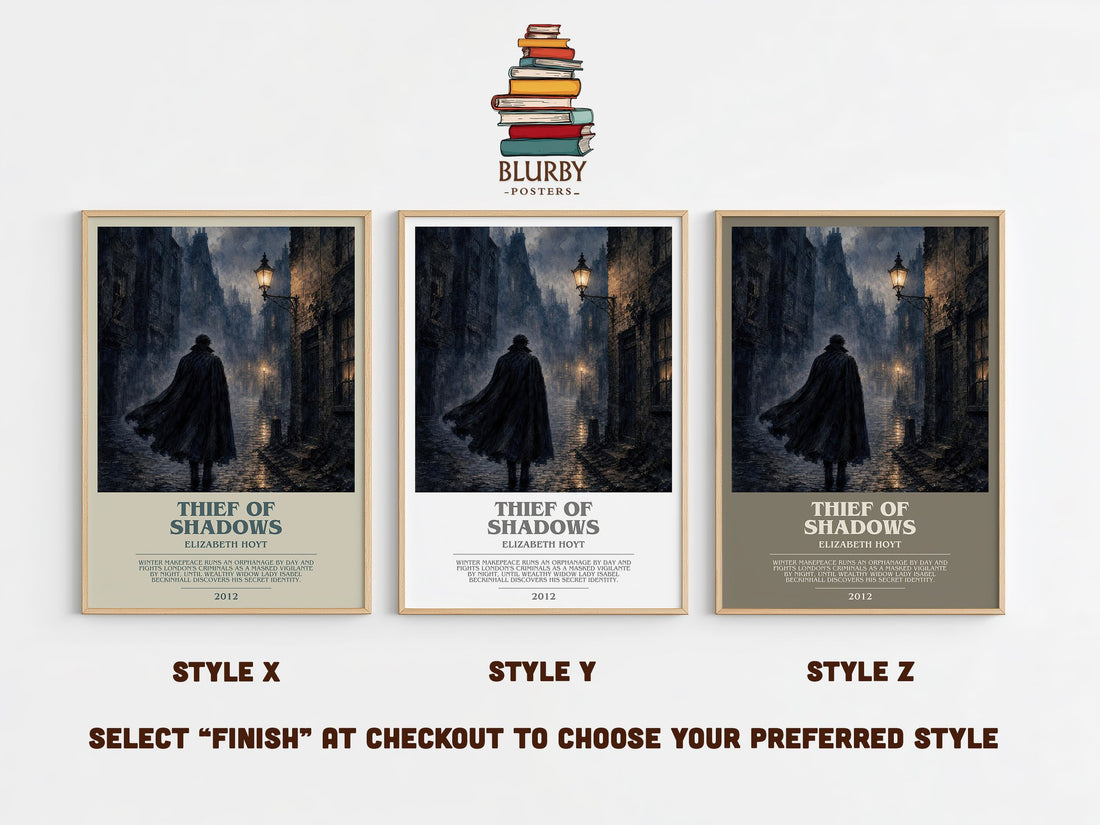 Thief of Shadows bookish print in frame leaning in hallway – romance wall art (mockup)