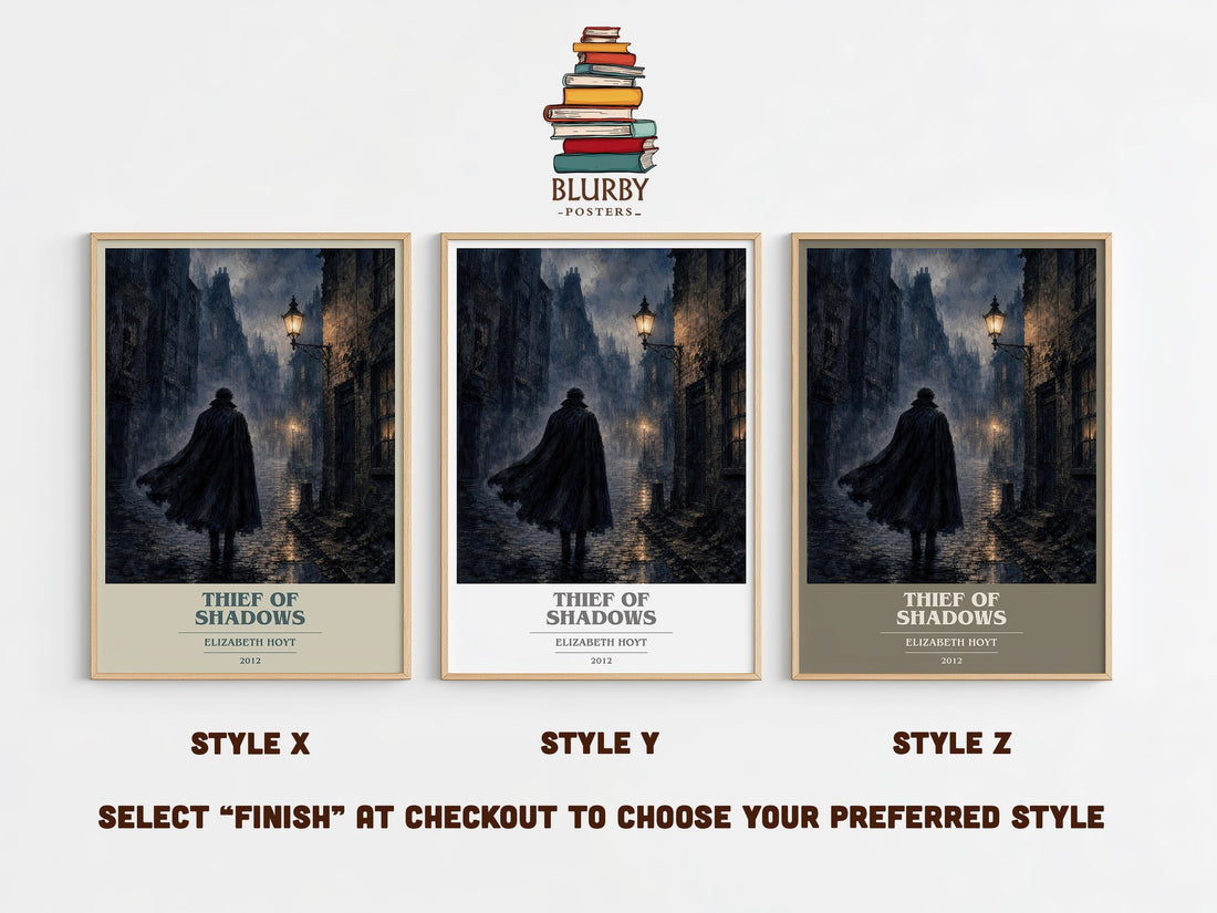 Thief of Shadows book cover print in frame leaning in hallway – romance wall art (mockup)