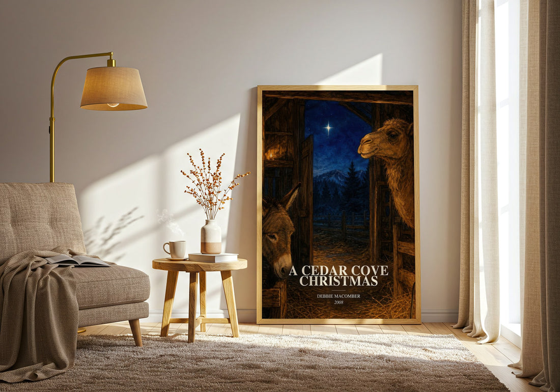 A Cedar Cove Christmas watercolour print in frame leaning in hallway – romance wall art (mockup)
