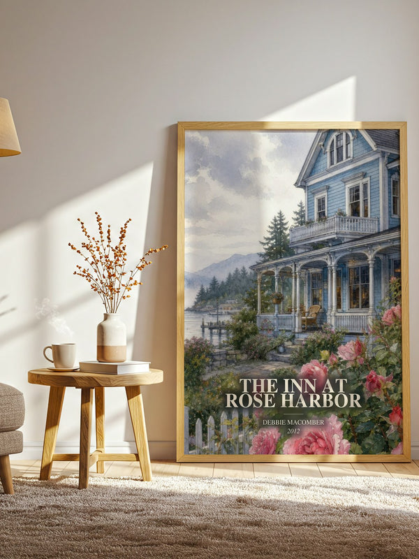 The Inn at Rose Harbor watercolour print in frame leaning in hallway – contemporary fiction wall art