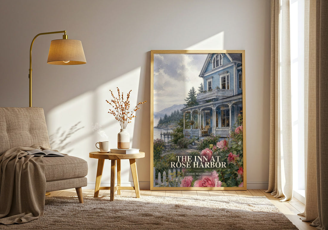 The Inn at Rose Harbor watercolour print in frame leaning in hallway – contemporary fiction wall art (mockup)
