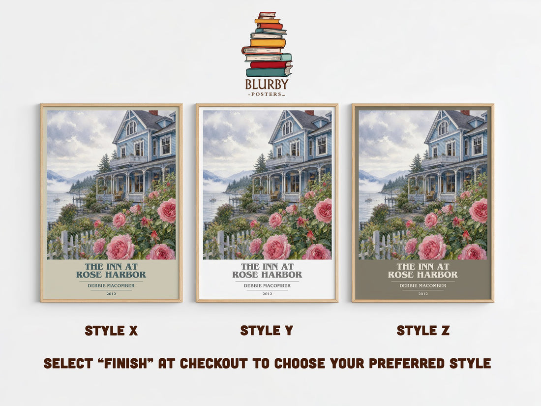 The Inn at Rose Harbor book cover print in frame leaning in hallway – contemporary fiction wall art (mockup)