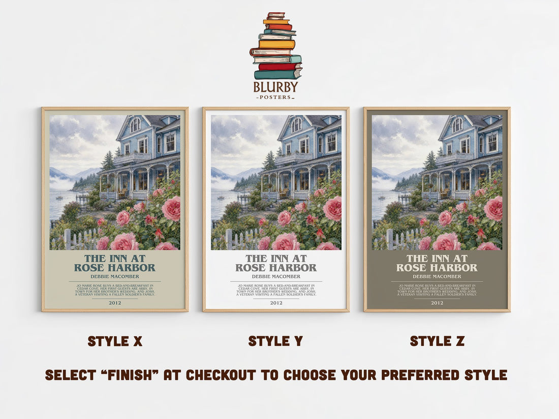 The Inn at Rose Harbor bookish print in frame leaning in hallway – contemporary fiction wall art (mockup)
