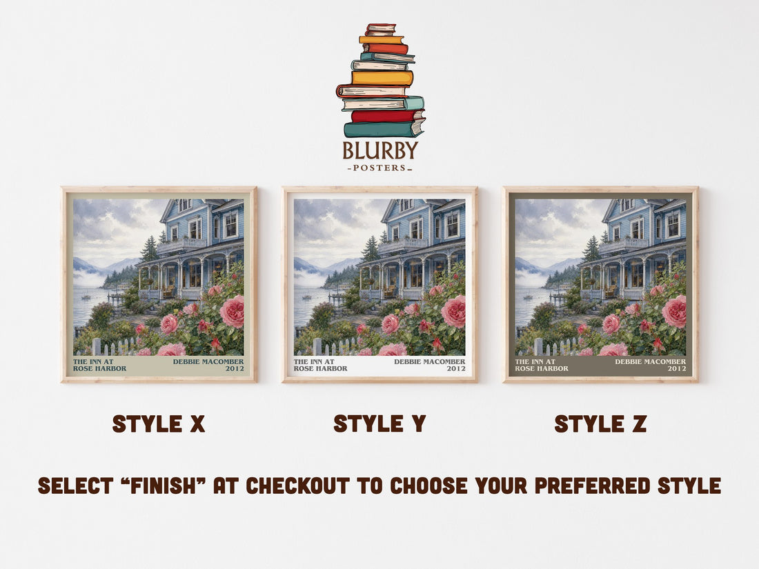 The Inn at Rose Harbor literary print in frame leaning in hallway – contemporary fiction wall art (mockup)