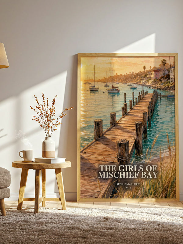 The Girls of Mischief Bay watercolour print in frame leaning in hallway – contemporary fiction wall art