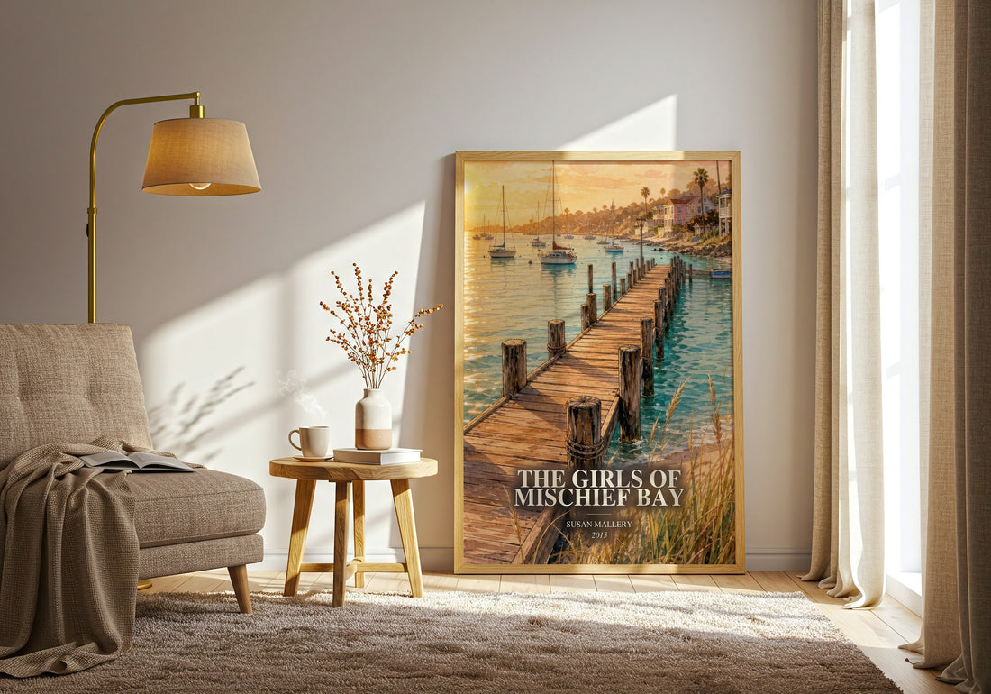 The Girls of Mischief Bay watercolour print in frame leaning in hallway – contemporary fiction wall art (mockup)