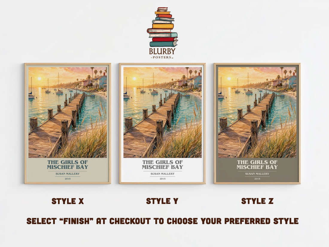 The Girls of Mischief Bay book cover print in frame leaning in hallway – contemporary fiction wall art (mockup)