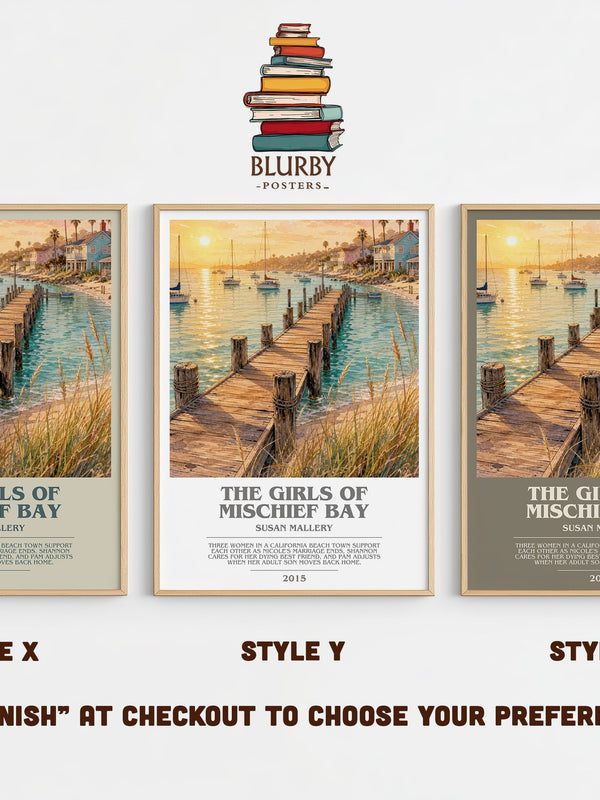 The Girls of Mischief Bay bookish print in frame leaning in hallway – contemporary fiction wall art