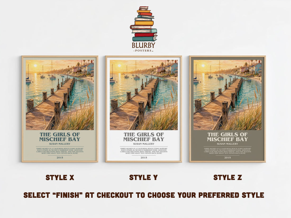 The Girls of Mischief Bay bookish print in frame leaning in hallway – contemporary fiction wall art (mockup)