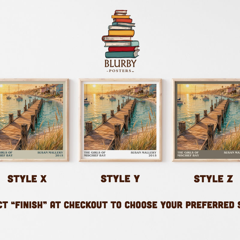 The Girls of Mischief Bay literary print in frame leaning in hallway – contemporary fiction wall art