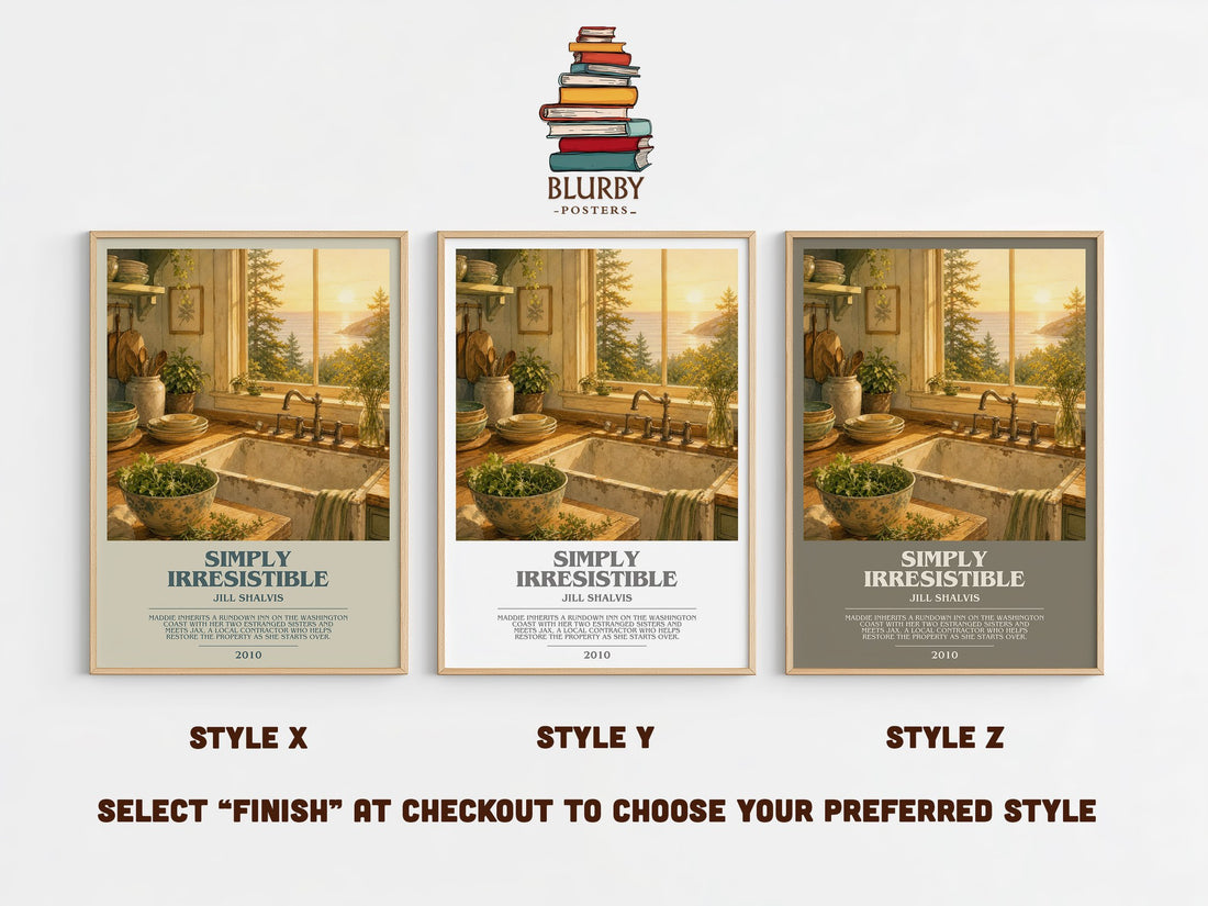 Simply Irresistible bookish print in frame leaning in hallway – romance wall art (mockup)