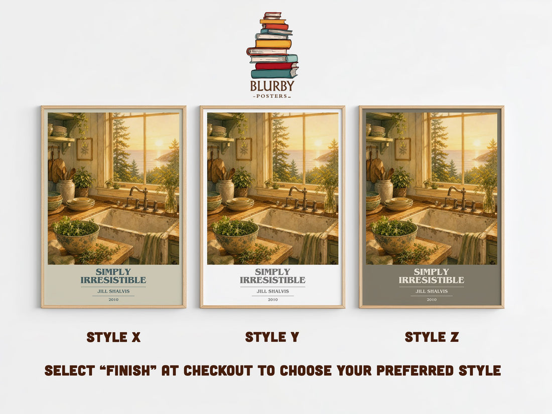 Simply Irresistible book cover print in frame leaning in hallway – romance wall art (mockup)