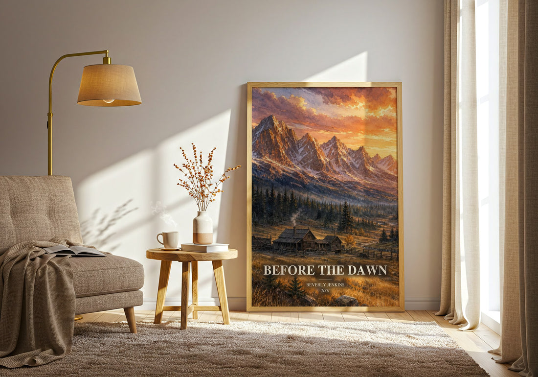 Before the Dawn watercolour print in frame leaning in hallway – historical fiction wall art (mockup)