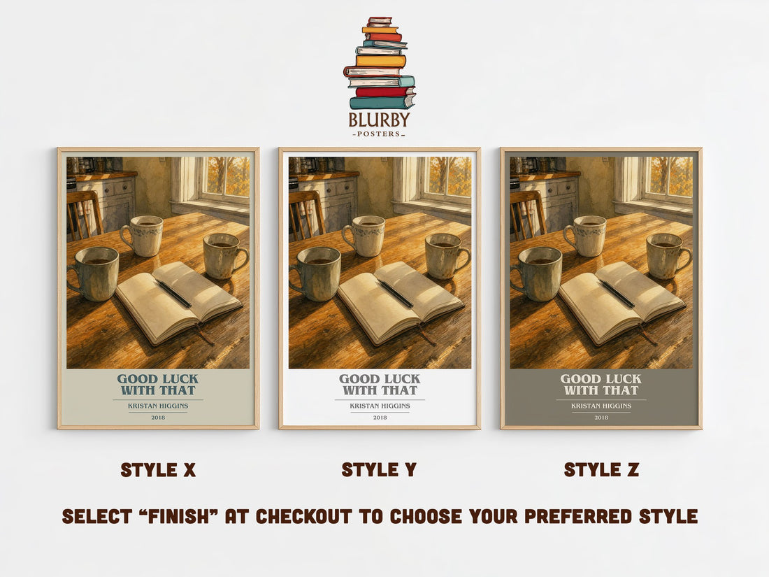 Good Luck with That book cover print in frame leaning in hallway – contemporary fiction wall art (mockup)