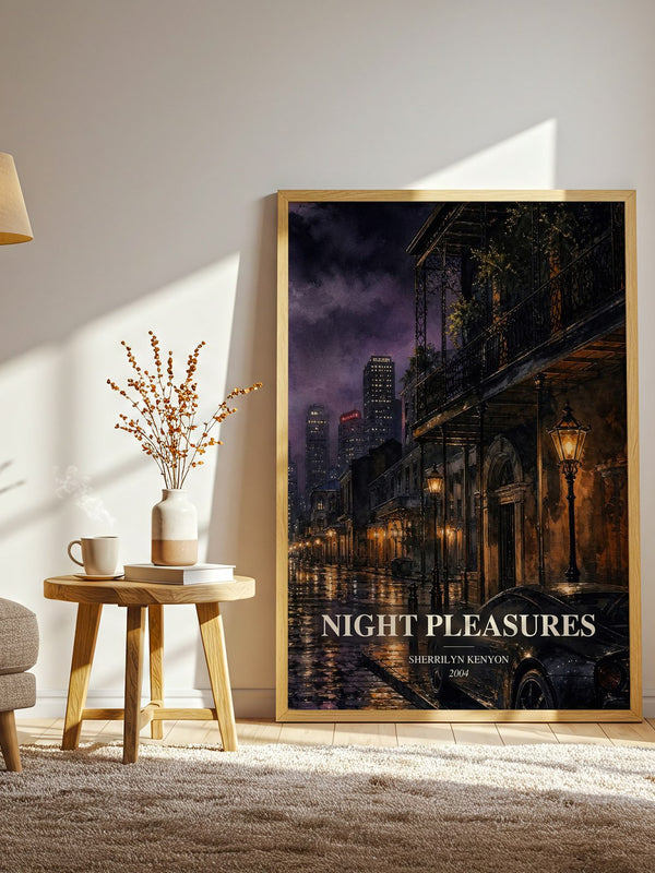 Night Pleasures watercolour print in frame leaning in hallway – romance wall art