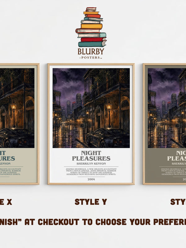 Night Pleasures bookish print in frame leaning in hallway – romance wall art